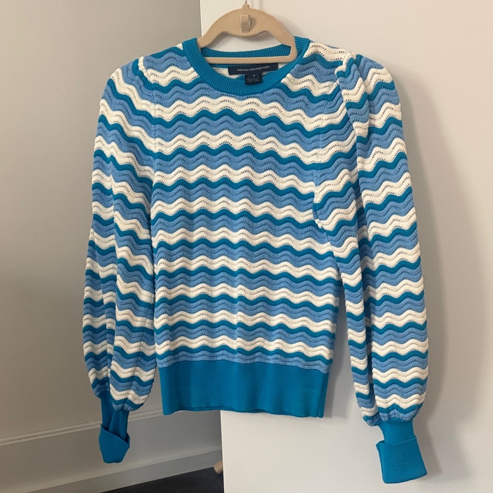 French Connection Blue and White Wave Knit Sweater